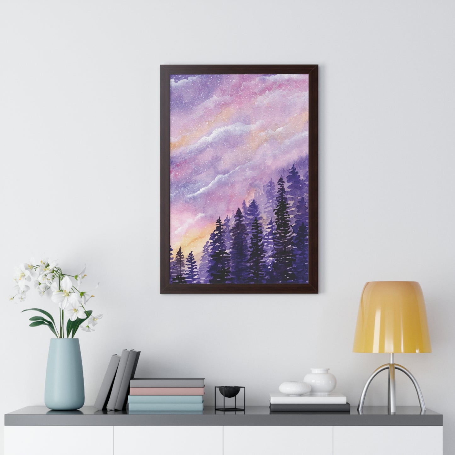 Dreamy Sky with Pine Trees Watercolor Background Framed Vertical Poster