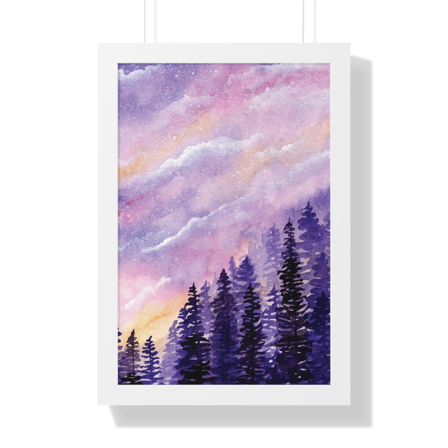 Dreamy Sky with Pine Trees Watercolor Background Framed Vertical Poster