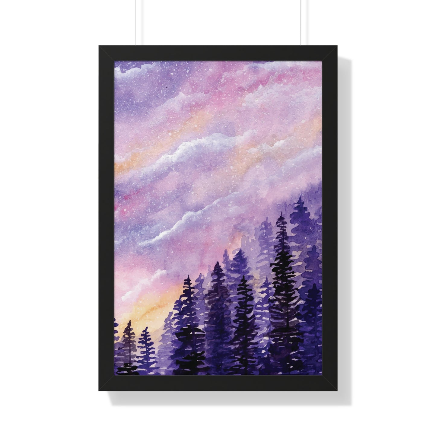Dreamy Sky with Pine Trees Watercolor Background Framed Vertical Poster